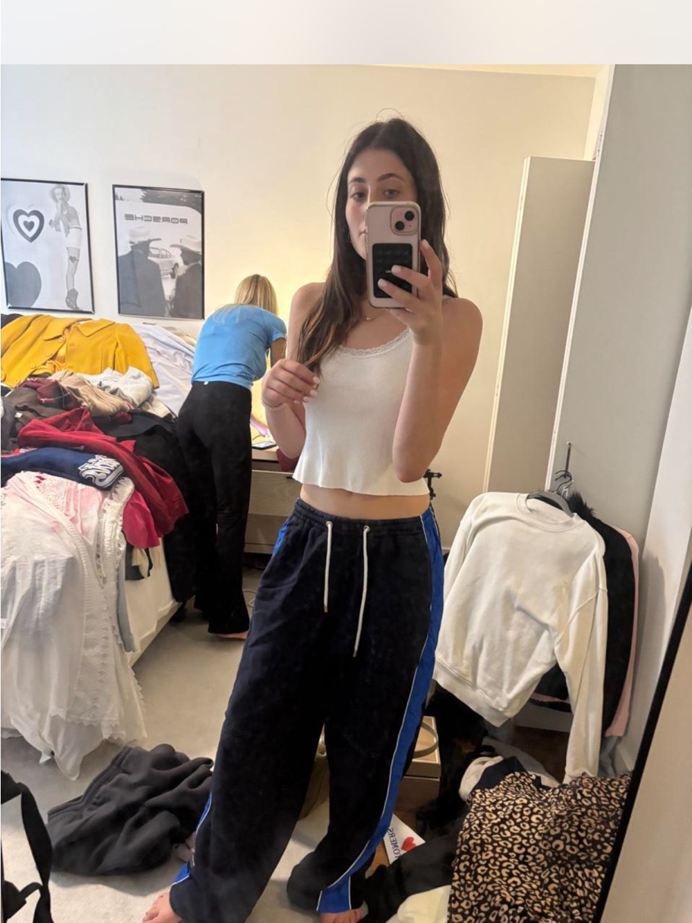 P.E Nation Black Track Pants with Blue Side Stripe